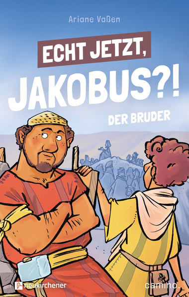 Buchcover mit einer farbigen Comiczeichnung: Im Vordergrund stehen zwei Männer, einer mit kurzem Haar und Bart, der andere mit lockigem Haar. Beide tragen antik anmutende Gewänder. Im Hintergrund ist eine Gruppe von Menschen vor einer hügeligen Landschaft zu sehen. Oben auf dem Cover steht der Name der Autorin. Darunter befindet sich ein großer, weißer Schriftzug auf orangefarbenem Hintergrund sowie ein weiterer Schriftzug in Weiß. Unten rechts sind zwei Verlagslogos abgebildet.