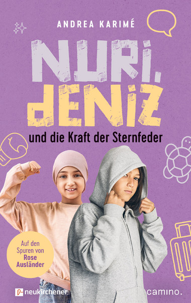 Zwei Personen stehen nebeneinander vor einem gelben Hintergrund mit gezeichneten Symbolen wie einer Feder, einem Herz und einer Sprechblase. Die linke Person trägt ein beiges Oberteil und hält eine Faust nach oben. Die rechte Person trägt einen grauen Kapuzenpullover mit aufgesetzter Kapuze und hält die Kapuze mit einer Hand fest. Beide Gesichter sind unkenntlich gemacht. Im oberen Bereich steht in großen Buchstaben der Titel des Buches, darunter der Name der Autorin. Unten links befindet sich ein gelber Kreis mit zusätzlichem Text. Unten rechts sind Verlagslogos abgebildet.