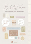 Das Buchcover zeigt ein zartes, pastellfarbenes Design mit einer Vielzahl christlicher Sticker-Motive. Oben steht der Titel „Bibelsticker“ in einer eleganten, handschriftähnlichen Schrift, darunter der Hinweis „mit Griffregister zum Selberkleben“. Über das Cover verteilt befinden sich zahlreiche kleine Sticker in sanften Tönen wie Beige, Rosa, Grün und Blau: darunter Wörter wie „JOY“, „BEGEISTERT“, „FRIEDENSSTIFTER“, „AMEN!“, „FOLLOW Jesus“ sowie Kreise mit den Texten „Save space for faith“ und „Child of God“. Zudem sind Symbole abgebildet – etwa ein Kreuz, betende Hände, ein Herz, ein Fragezeichen, ein Ausrufezeichen und Pfeile. Am rechten Rand befindet sich ein helles Griffregister mit Abkürzungen biblischer Bücher wie GEN, EX, LEV, NUM, Dtn, Jos, Ri, Rut, Ijob, Ps. Unten sind das kbw-Logo und der Schriftzug bibelwerk zu sehen.